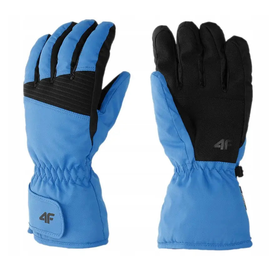 4F herre skihansker i blått og svart, vist fra overside og underside med elastisk håndledd og borrelås.