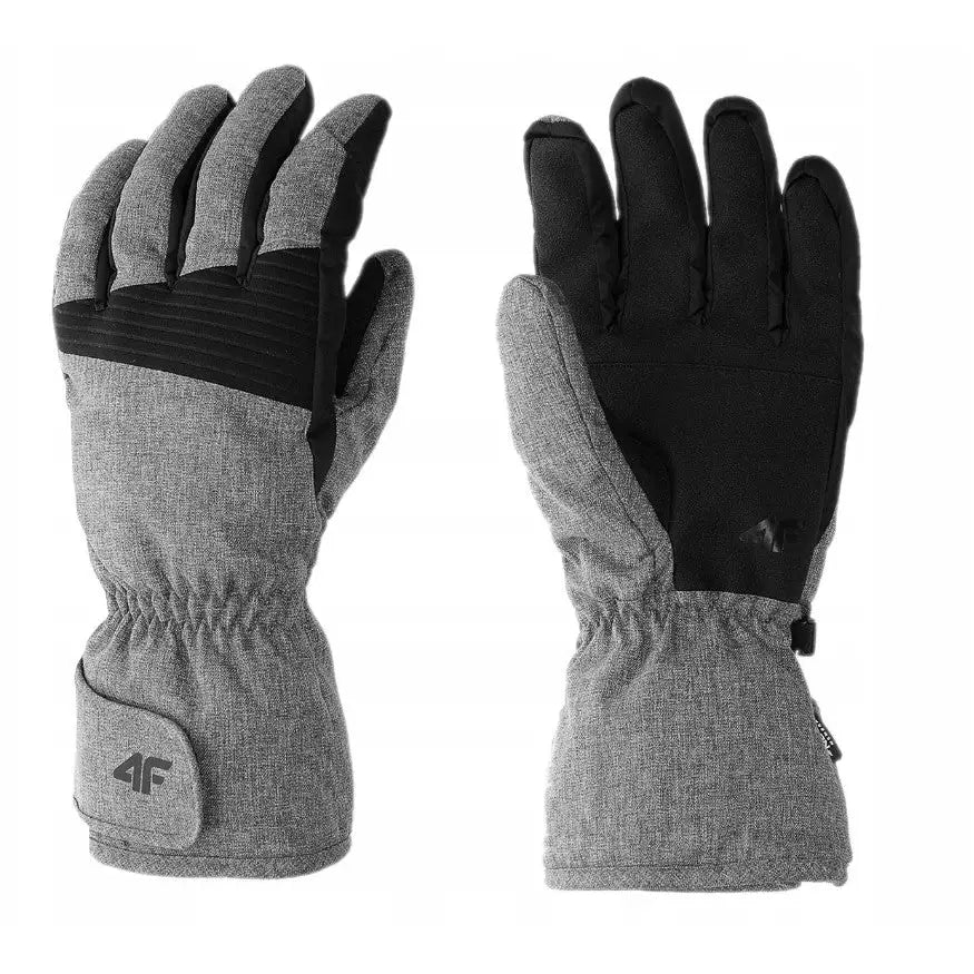 4F herre skihansker i grått med sorte detaljer, forsterkede fingertupper og borrelås ved håndleddet.