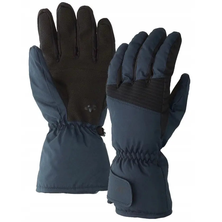 4F herre skihansker i blått med sorte håndflater, elastisk håndledd og borrelåslukking, sett fra to sider.