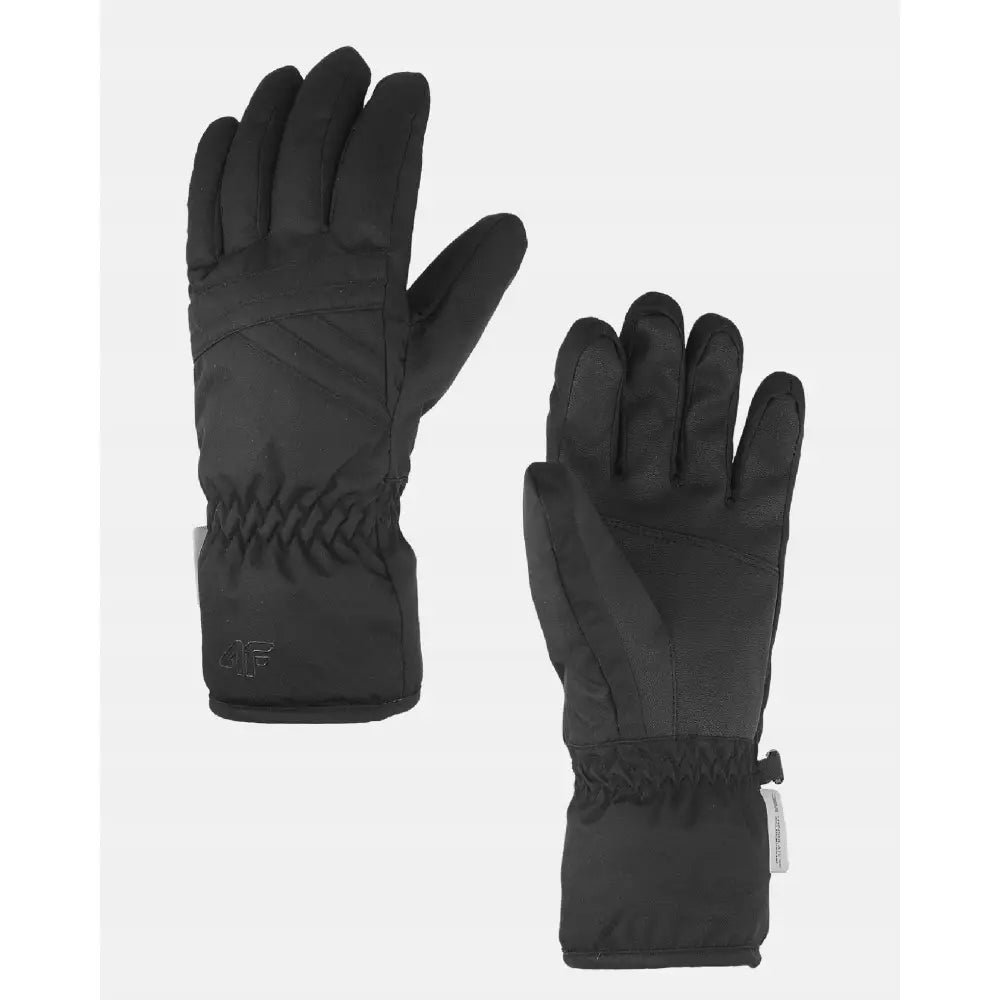 Sorte 4F skihansker for damer, vist fra begge sider med elastisk håndledd og diskret logo.
