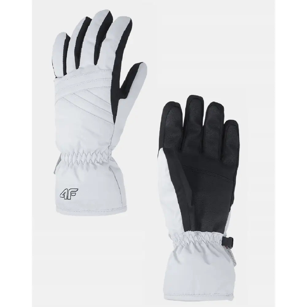 4F skihansker for kvinner i hvitt tekstil med sorte detaljer, elastisk håndledd og diskret logo på mansjetten.