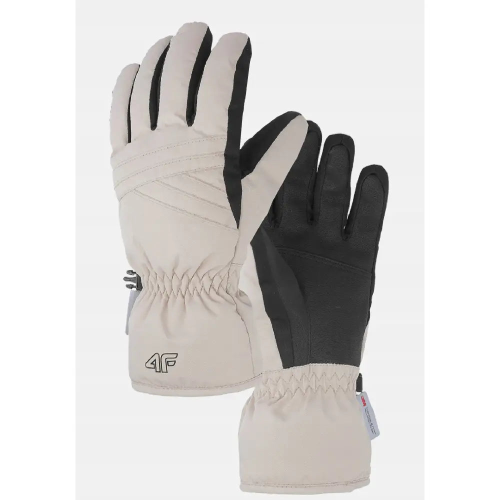 4F skihansker for kvinner i beige og svart, med elastisk håndledd og synlig logo på mansjetten.