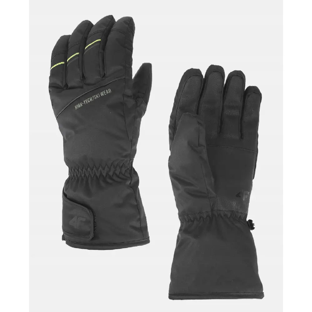 4F skihansker for menn, sorte med refleksdetaljer og justeringsstropp, vist fra begge sider.