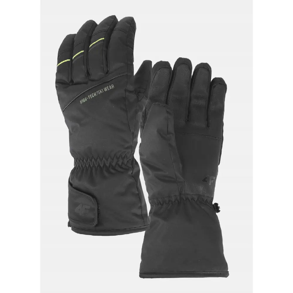 4F skihansker for menn i svart syntetisk materiale, med gul søm og diskret logo synlig på overside og underside.