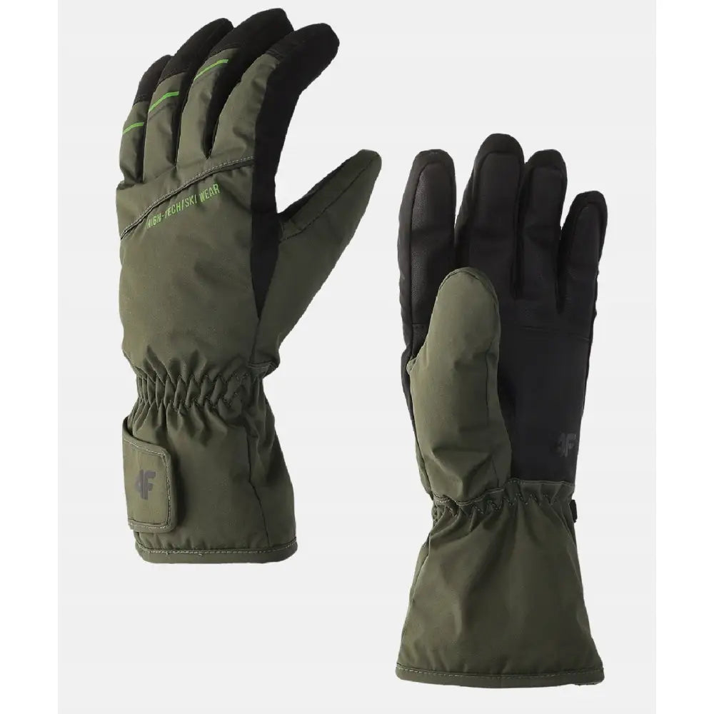 4F skihansker for menn, grønne med svarte håndflater og fingertupper, elastisk strikk og borrelås ved håndleddet.