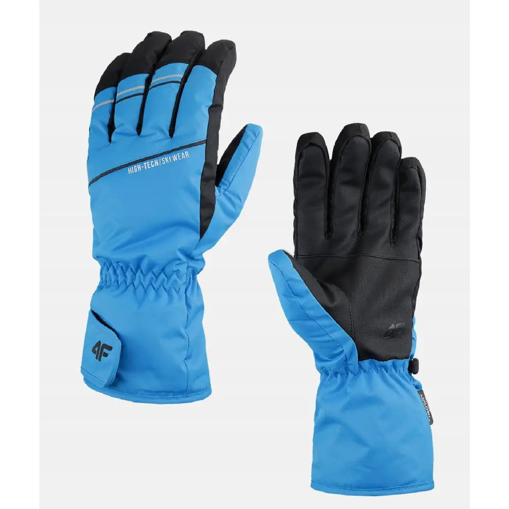 4F skihansker for menn i blått og svart, vises fra over- og underside med forsterkede håndflater og fingertupper.