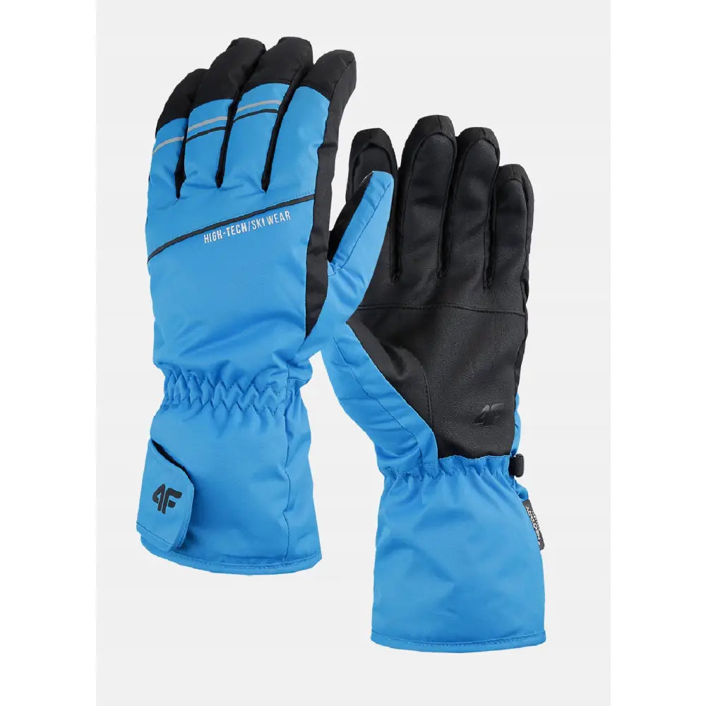 4F skihansker for menn, blå med sorte håndflater, borrelås og elastisk strikk, vist forfra og bakfra.