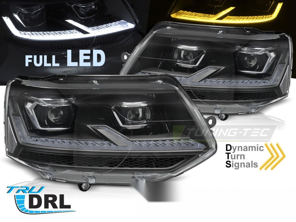 Detaljbilde av frontlykter VW T5.1 10-15 med LED-detaljer.