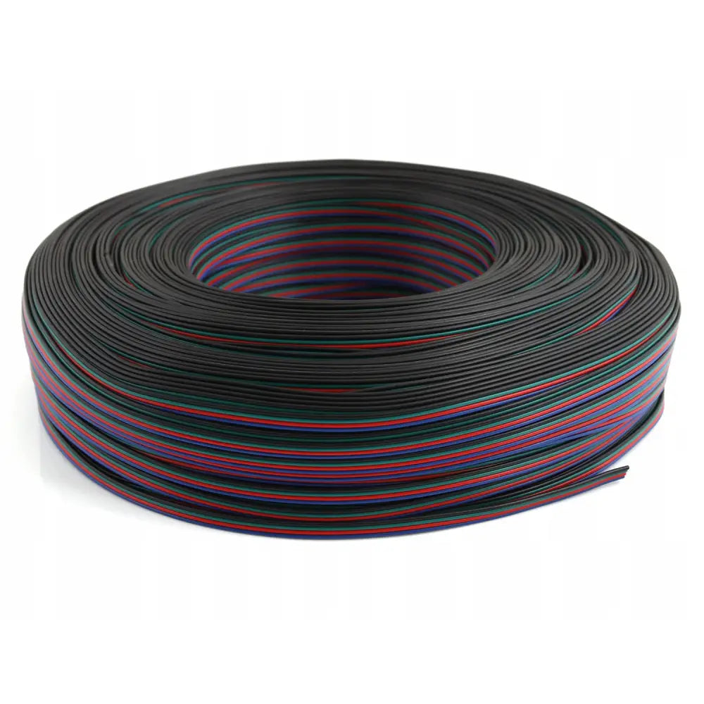 4Pin-kabel for RGB LED-striper, sort flatkabel på rull med blå, rød og grønn linje, skråvinkel.