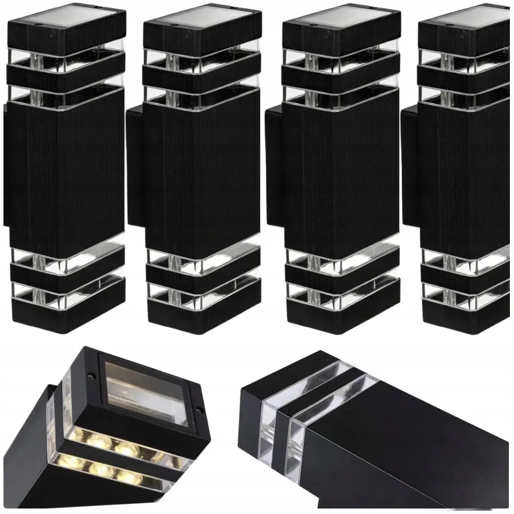 4X hagevegglys i sort, moderne rektangulær design med synlige LED-lyskilder og sølvdetaljer.