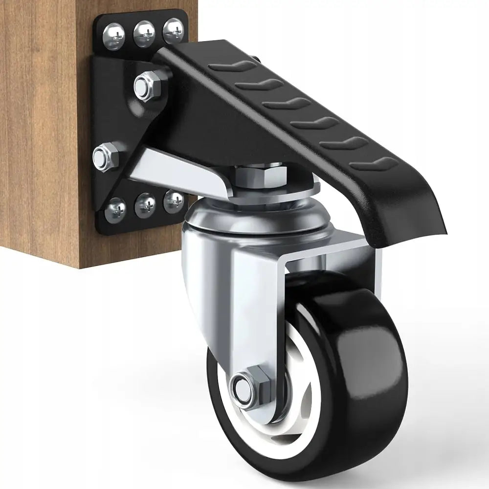 Svingbart hjul for hevbart verkstedbord, sort og sølv metall med brems, montert på trekantet plate.