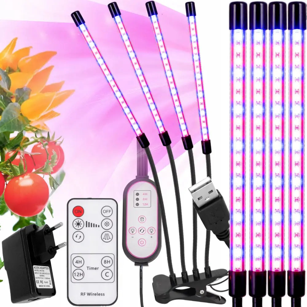4X LED plantevekstlampe med blått og rosa lys, fjernkontroll, USB-plugg og bordfeste foran tomatplanter.