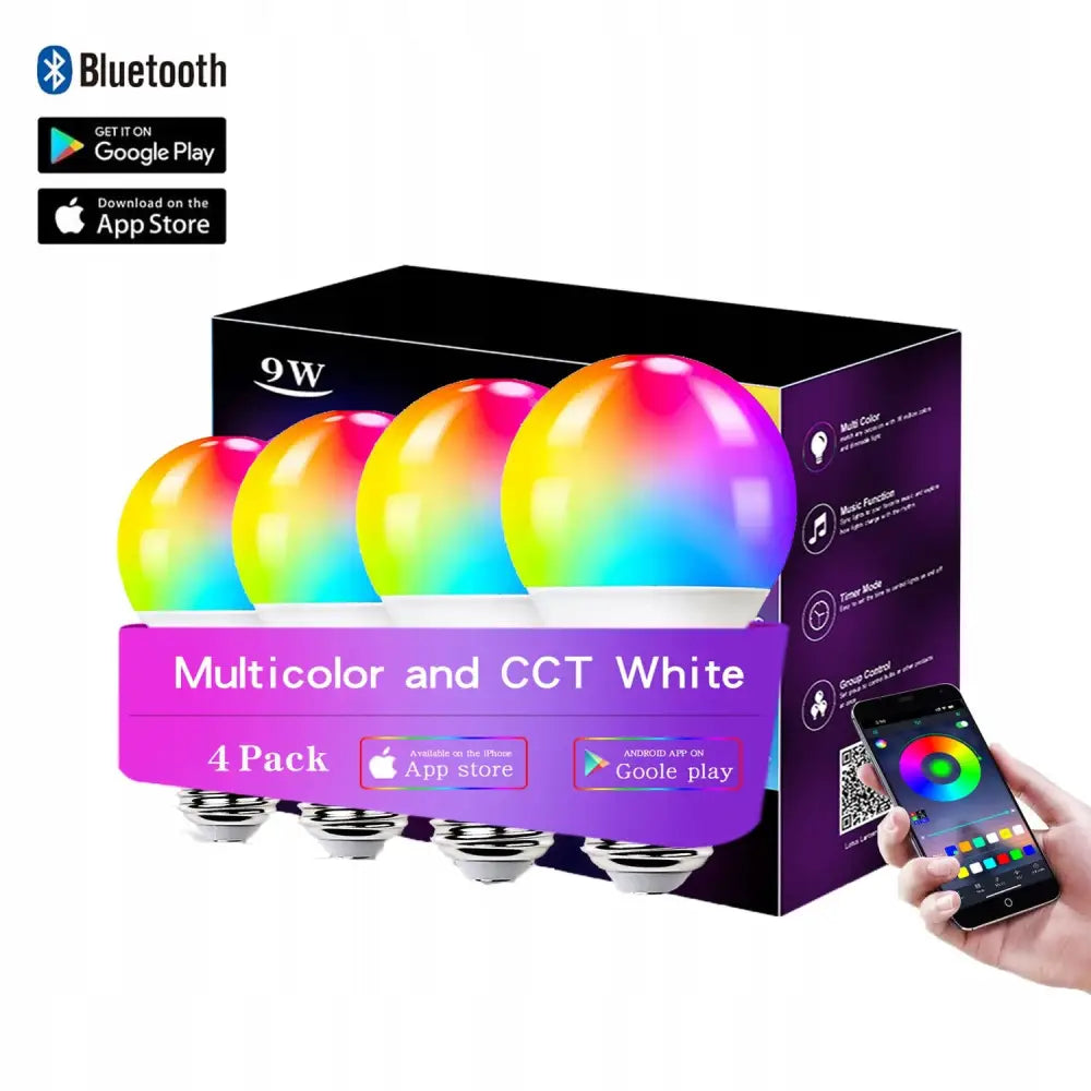 Fire RGB+CCT LED-pærer med E27-sokkel, styrt via app på mobil, foran lilla eske med fargeeffekter.