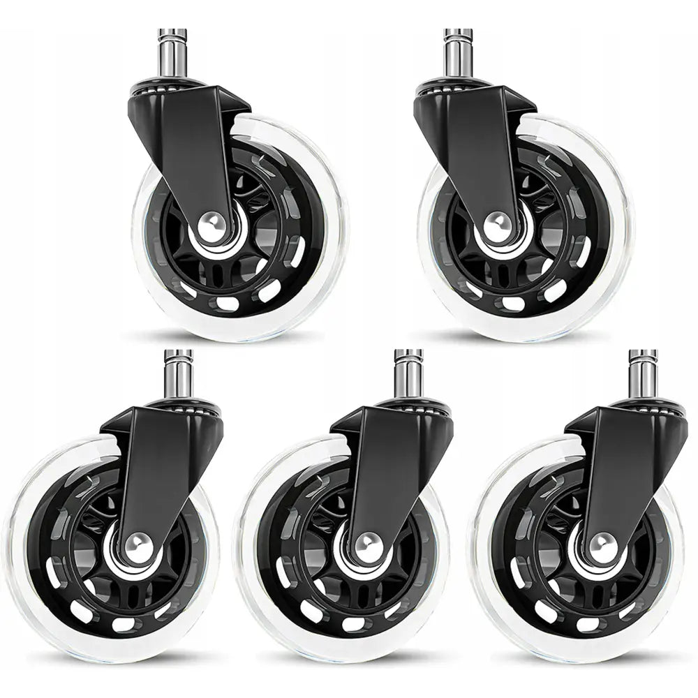 Gummierte gummihjul for stol, sett forfra, viser fem hjul med eiker og kulelager mot hvit bakgrunn.