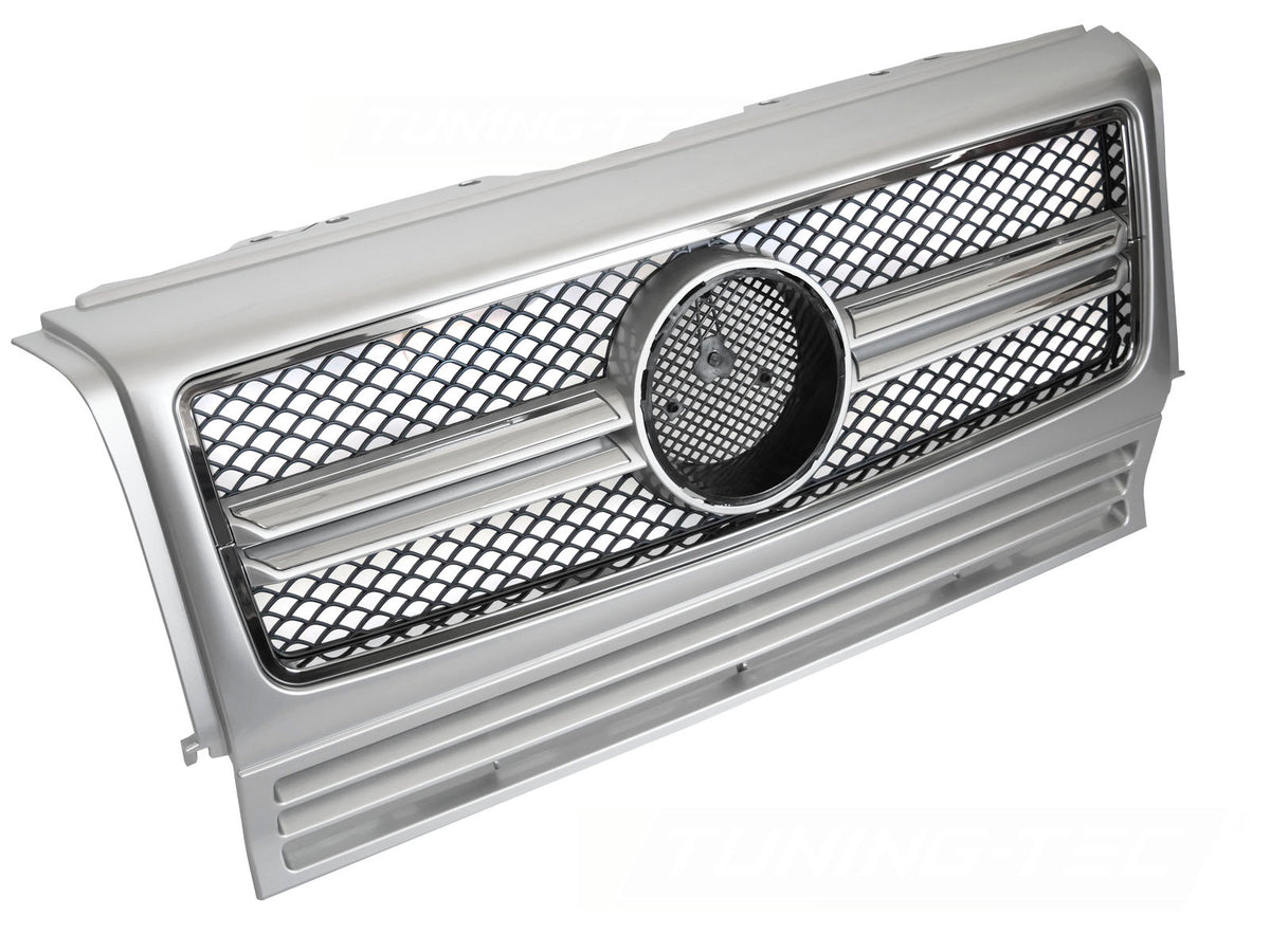 Grill Sport Sølv Krom til Mercedes G-Klasse W463 90-12 sett rett forfra på hvit bakgrunn.