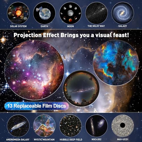 Galaxy Projector Norge med utbyttbare filmplater som viser solsystemet, jorden, månen og fargerike galakser.