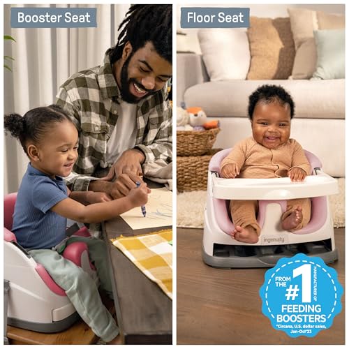 Spisestol Barn 2-i-1 i hvitt og rosa plast, vist både som booster seat ved bord og som gulvstol med brett.