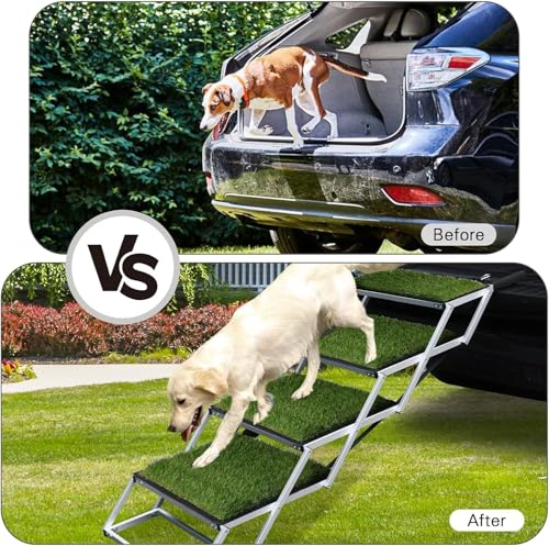 Hunderampe sammenlignes med hopping; øverst hopper hund ut av bil, nederst bruker hund teleskopisk trapp.