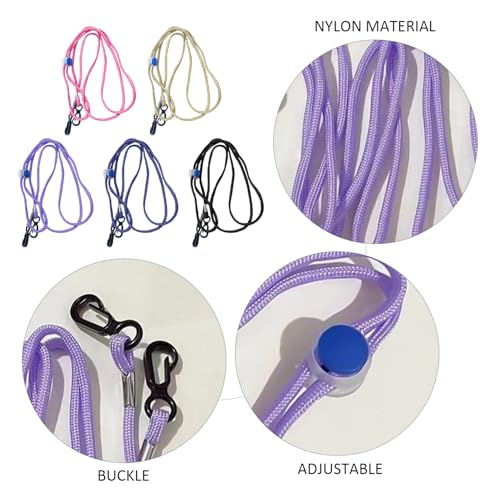 Vottesnor i rosa, beige, lilla og svart nylon med plastkroker og justerbare deler, vist i detaljbilder.