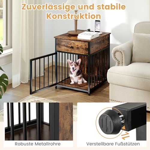 Hundegård Innendørs med ladestasjon og skuff, åpent bur i brun finish som sidebord, hund inni, detaljbilder.