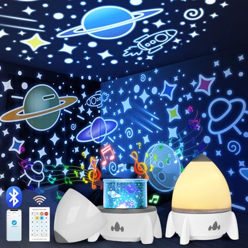 Stjernehimmel Lampe med hvitt stativ, projiserer fargerike planeter, raketter og stjerner, fjernkontroll vises.