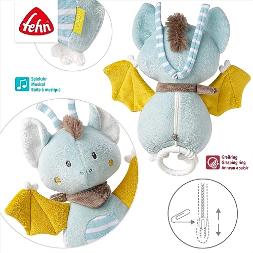 Spilledåse Baby med kosedyr flaggermus i blått og gult plysj, glidelås, gripe-ring og musikksnor, vist forfra og bakfra.