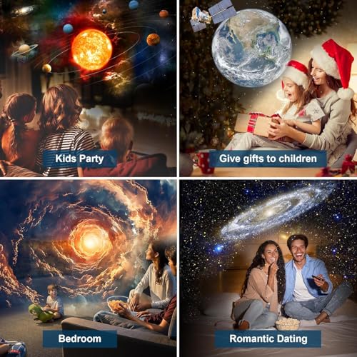 Projektor Stjernehimmel viser fire rom med mennesker og fargerike universmotiv projisert på veggene, julefeiring inkl...
