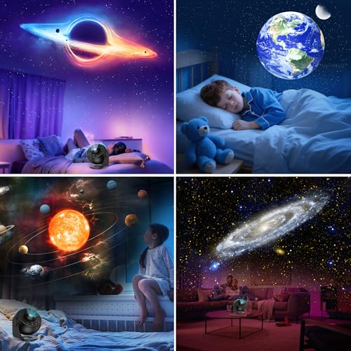 Stjernehimmel Lampe projiserer fargerike motiver som sort hull, jordklode, solsystem og galakse i ulike rom.