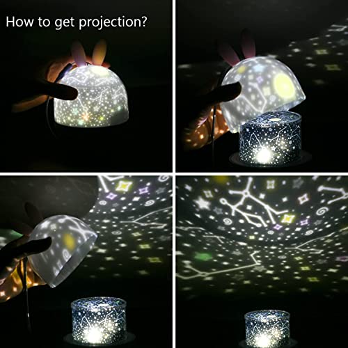 Stjerne Projektor i hvit plast med stjerne- og dyremønster, projiserer farger på vegg og tak, ulike vinkler.