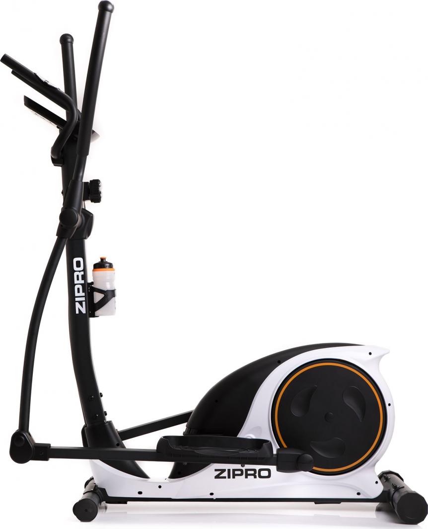 Orbitrek ellipsemaskin i sort og hvit med oransje detaljer, sett fra siden med drivreim og vannflaskeholder.