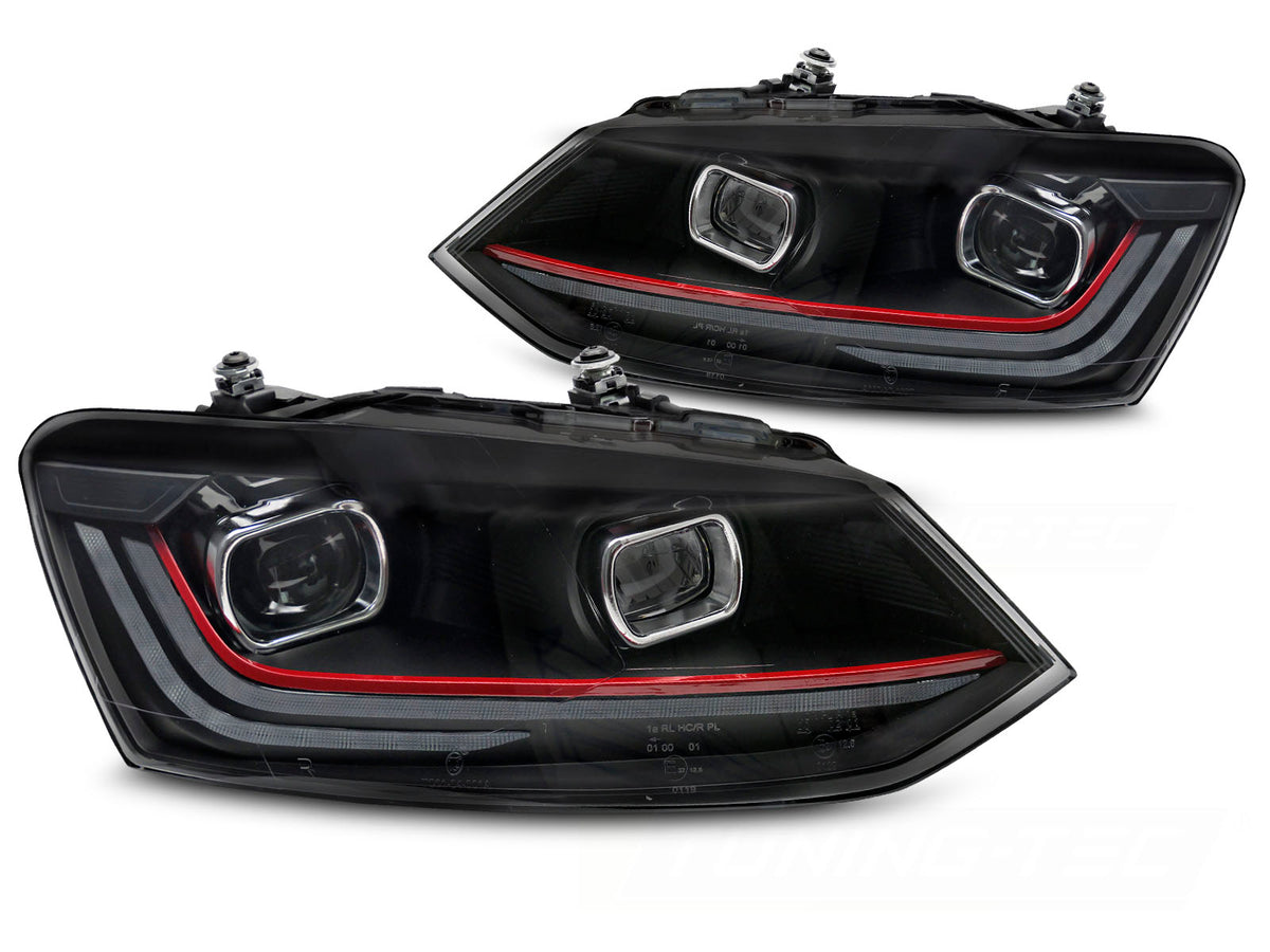 Frontlykter Red LED Sequential DRL til VW Polo V 6R 09-17 sett rett forfra på hvit bakgrunn.