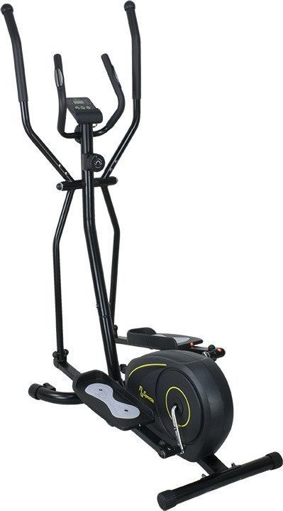 Ellipsemaskin i sort metall og plast med display, bevegelige håndtak og store grå fotpedaler, sett fra skrå front.
