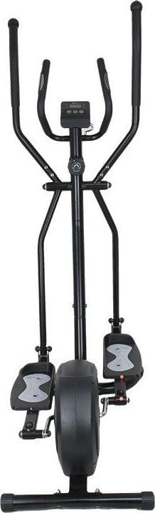 Ellipsemaskin Trening i svart med display, to lange håndtak og brede fotpedaler med grå detaljer, sett forfra.