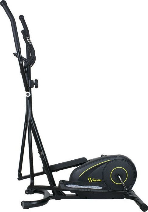 Ellipsemaskin i svart med gule detaljer, sett fra siden, med lange håndtak og brede fotpedaler.