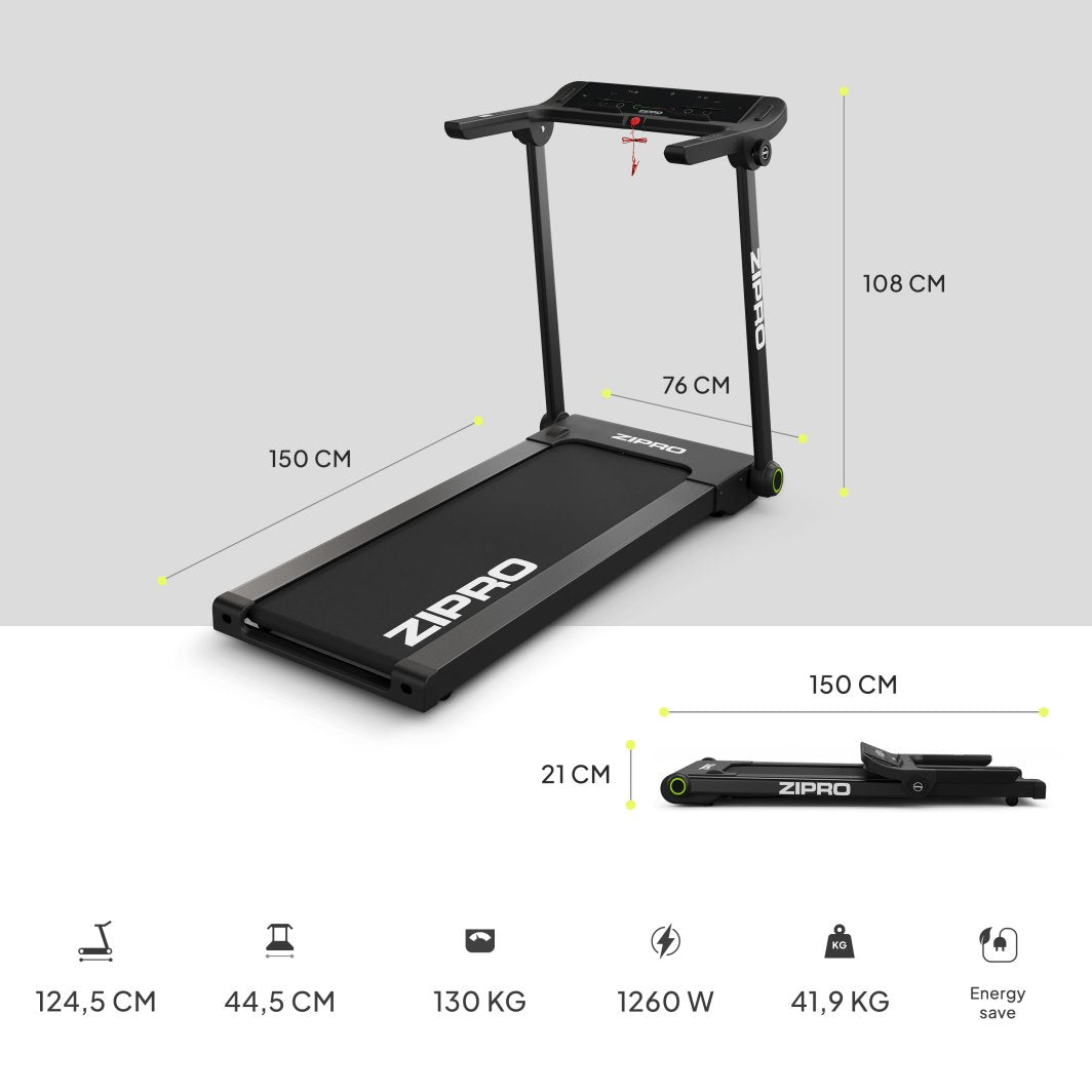 Tredemølle kompakt med skjerm 150x76x108cm for hjemmetrening Zipro Pacto
