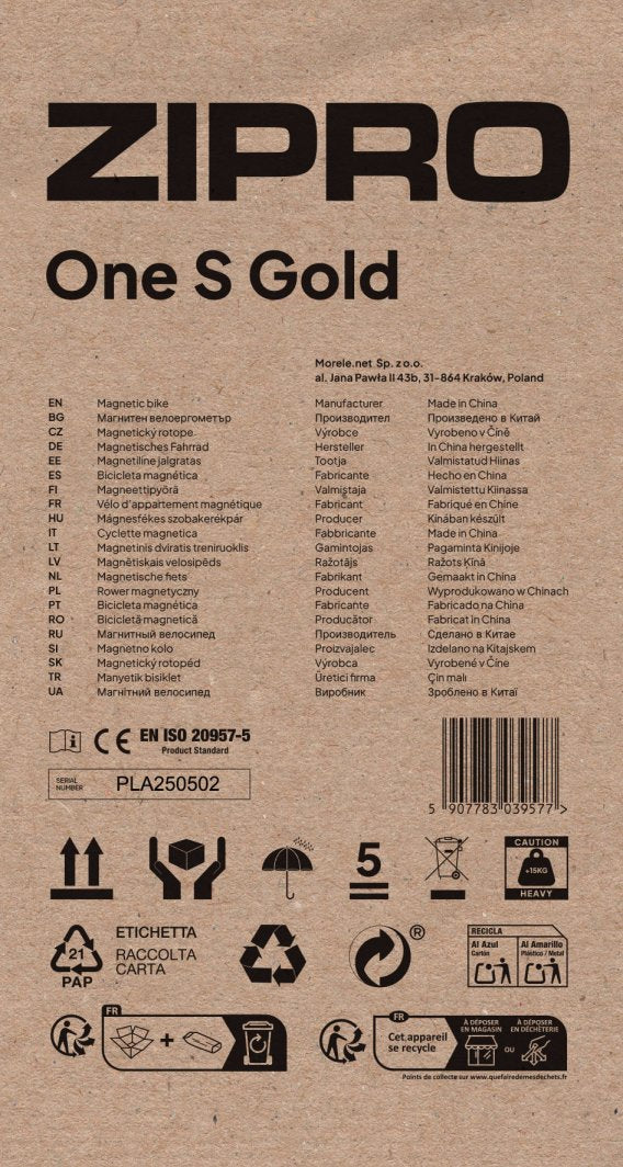 Treningssykkel i eske, brun kartong med svart ZIPRO-logo, produktnavn og symboler for resirkulering foran.