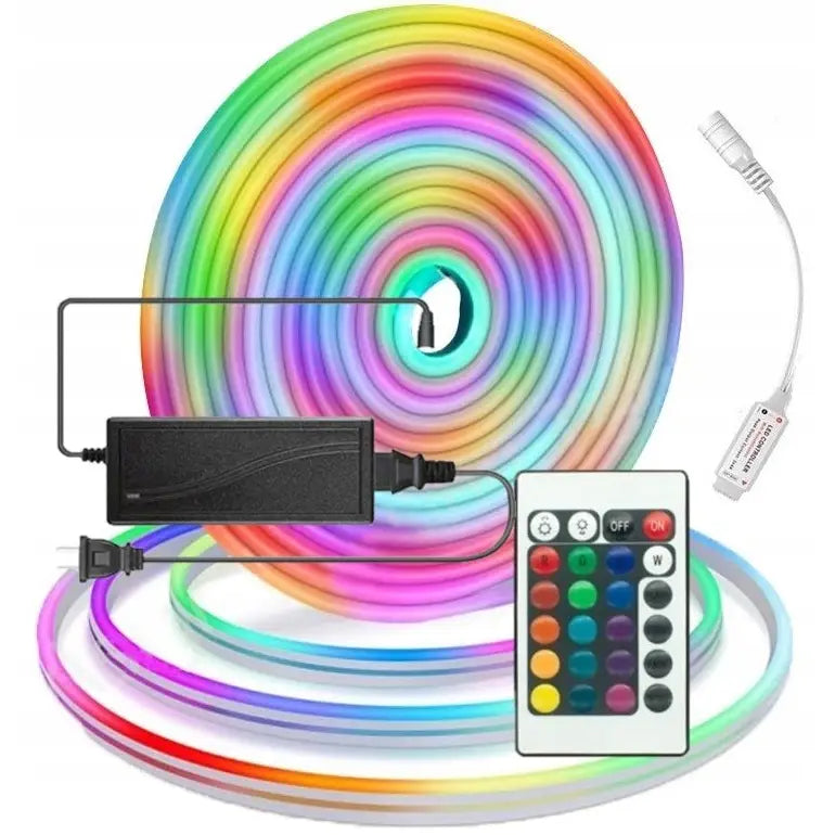LED Neon RGB tape, 5 meter rull med strømforsyning, fjernkontroll og koblingsenhet, sett forfra.