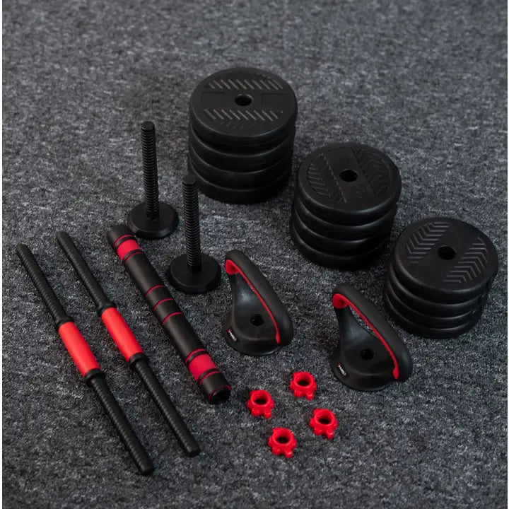 6-i-1 vektsett, oversiktsbilde av sorte og røde deler, håndtak, stenger og bitumenbelagte vektskiver på teppe.