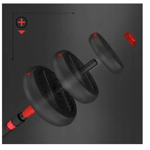 6-i-1 vektsett, eksplodert visning av vektstang med tre svarte skiver og rød lås, mørk bakgrunn.