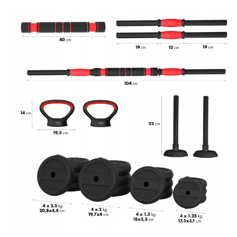6-i-1 vektsett 30 kg, nærbilde av sorte og røde vektskiver, stangdeler og tydelige mål på alle komponenter.
