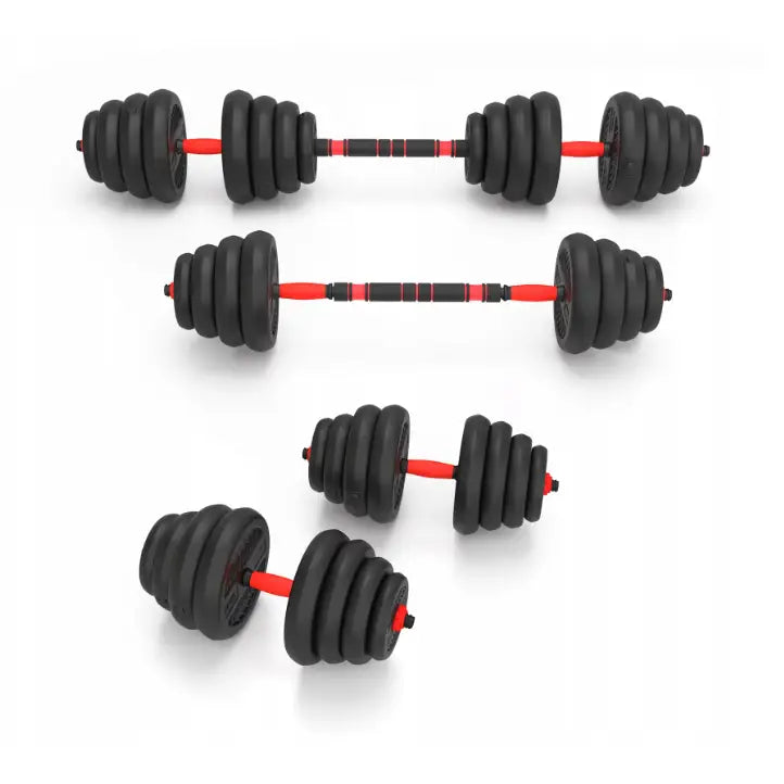 6-i-1 vektsett, fire manualer med sorte vektskiver og røde håndtak sett ovenfra, én sammensatt til stang.