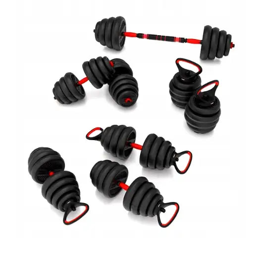 6-i-1 vektsett, nærbilde av sorte bitumenbelagte vektskiver med røde håndtak i stang, manualer og kettlebell.