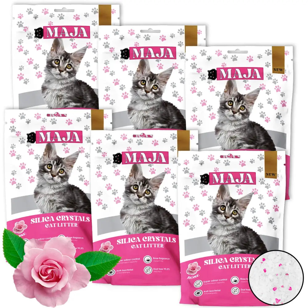 6 X Maja Silikonsand 5L Duftende Rose, pakker med katt og rose på, grus med synlige rosa krystaller.