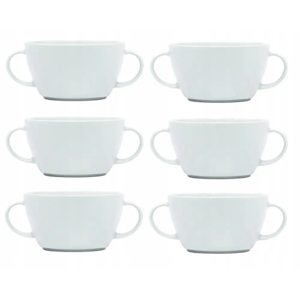 Seks hvite suppeskåler i porselen med doble hanker, sidevisning mot hvit bakgrunn, minimalistisk design.