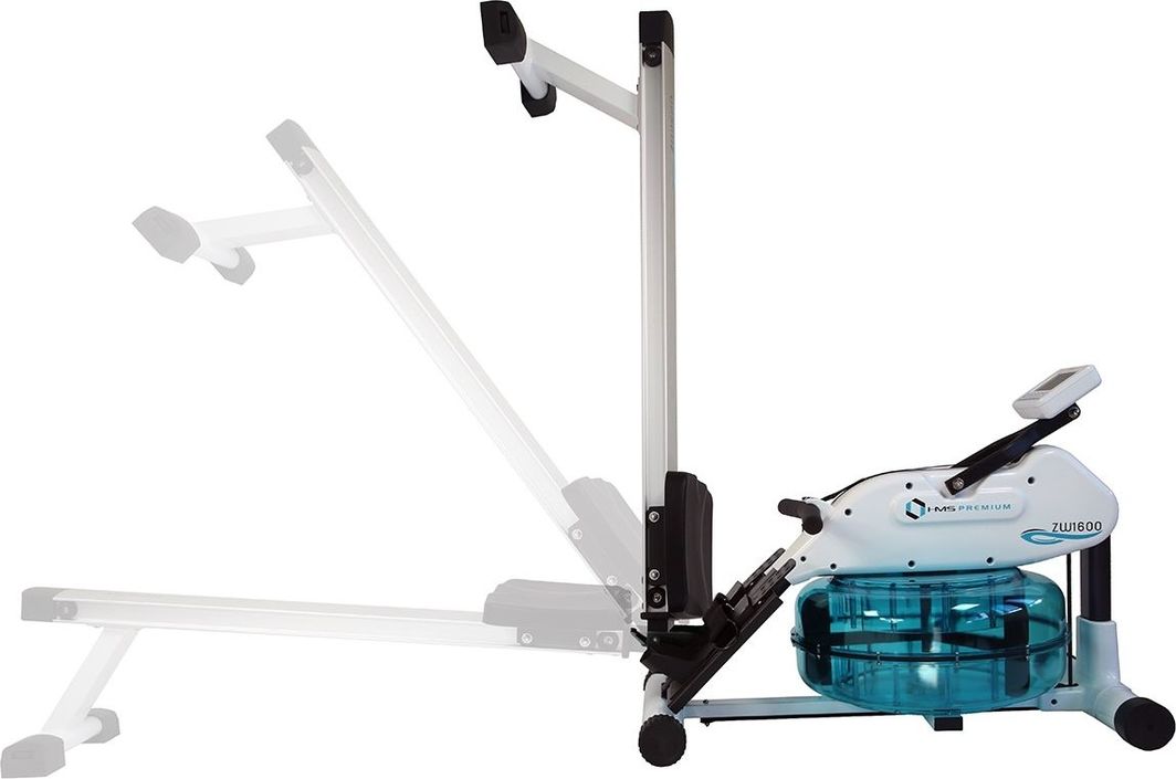 Romaskin i hvit og sort med blå vanntank, sett fra siden, vist sammenfoldet for enkel lagring hjemme.