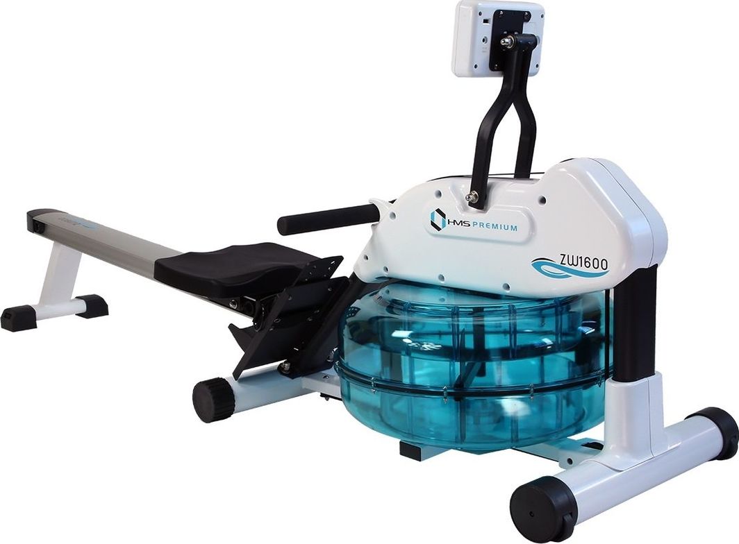 Romaskin Vann med hvit og sort ramme, blå vanntank, sort sete og håndtak, displayfeste synlig øverst.