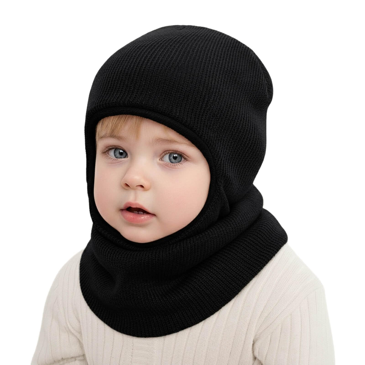 Balaclava Barn i sort, strikket materiale dekker hode, hals og nakke, barn med lys genser vises i halvprofil.