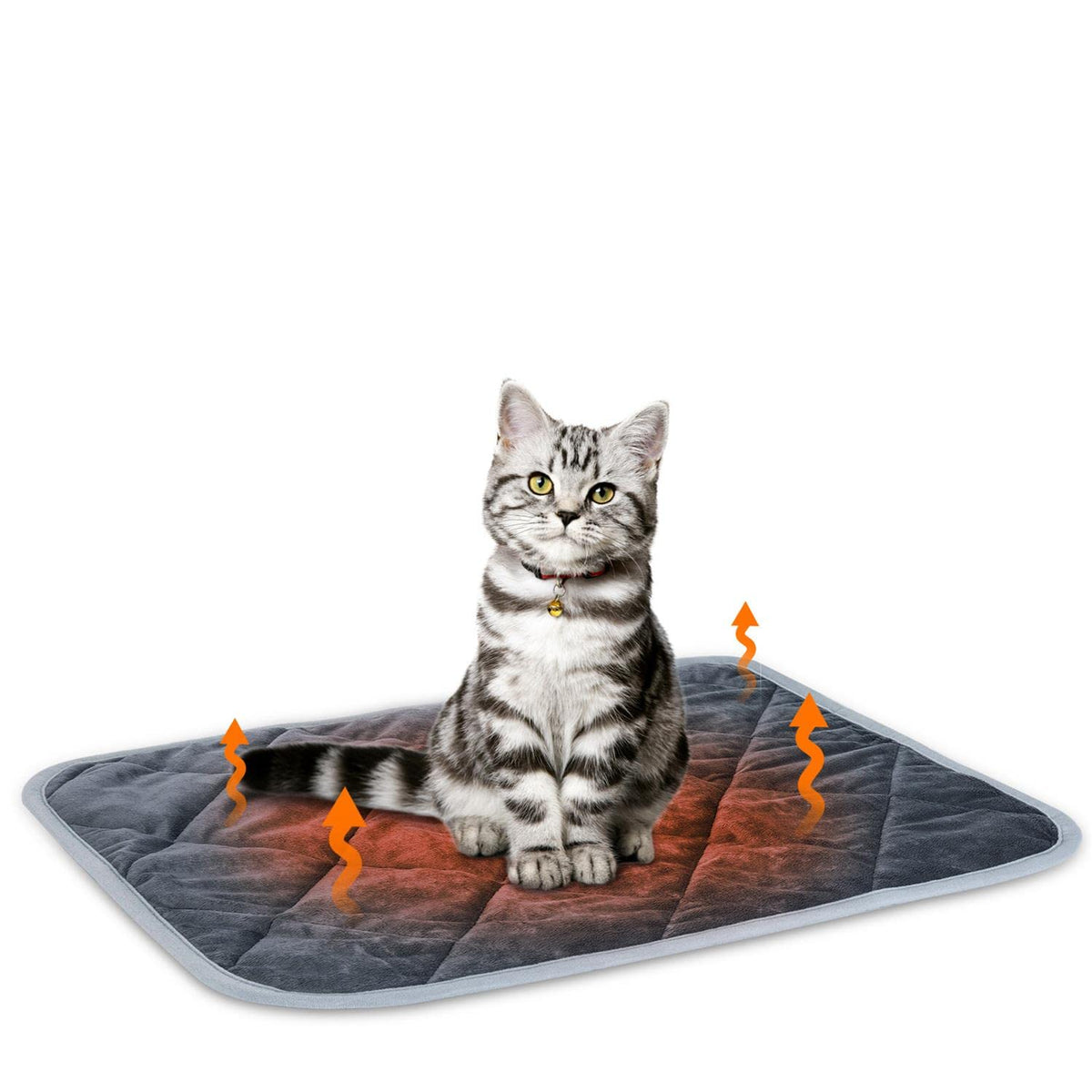 Varmematte Dyr grå, rektangulær matte med quiltet mønster, katt oppå og oransje varmebølger som viser varmeeffekt.