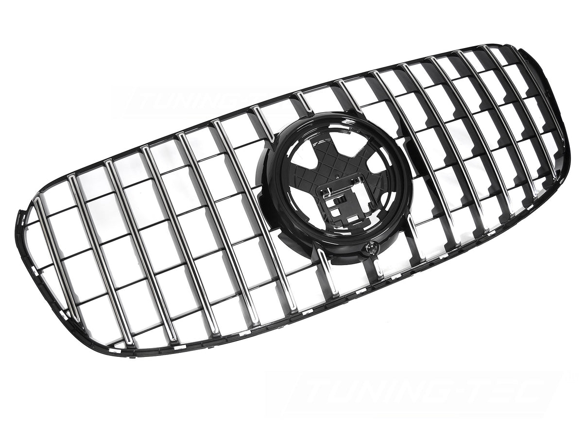Grill GT Style til Mercedes GLS X167 23 i blank sort/krom sett rett forfra på hvit bakgrunn.