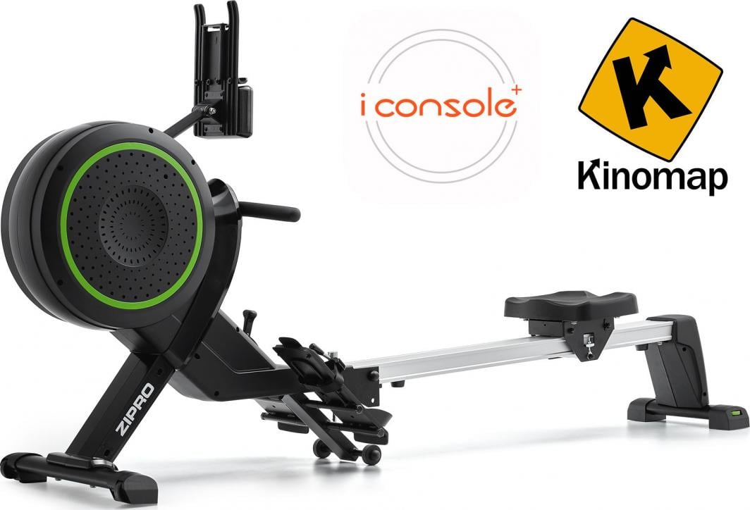 Romaskin Trening i svart med grønne detaljer, sete, fotstøtter og nettbrettholder, sett fra siden.